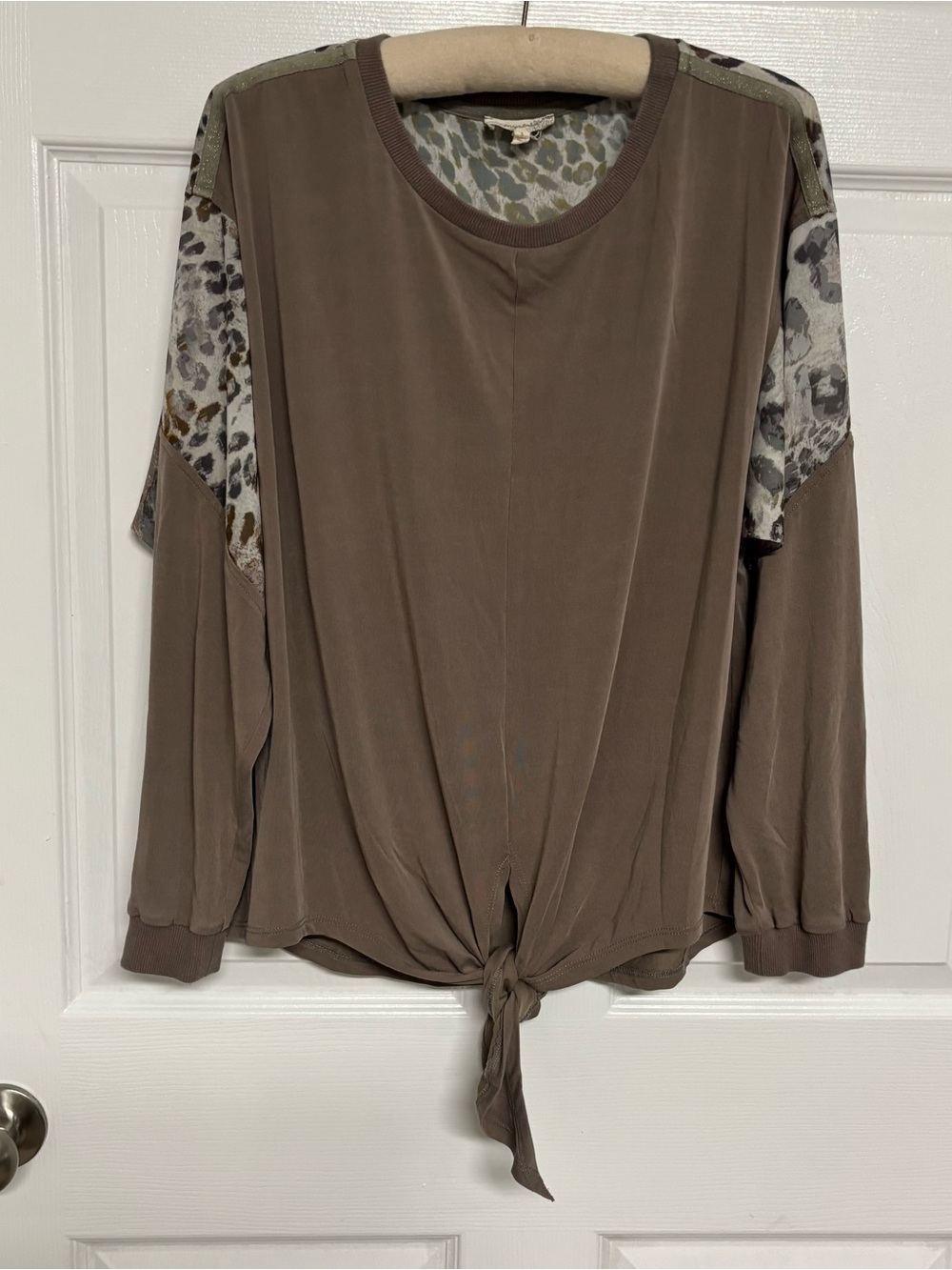 Mystree Taupe/ Brown Tie-Front Long Sleeve Top with Leopard-Print Accents